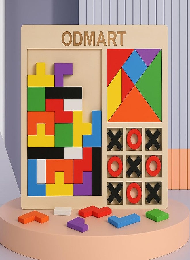 ODMART Wooden 3-in-1 Puzzle Game for Kids | Colorful Tangram, Tic-Tac-Toe & Nine-Square Brain Teaser | Educational Learning Toy & Building Blocks for Boys & Girls - Image 1